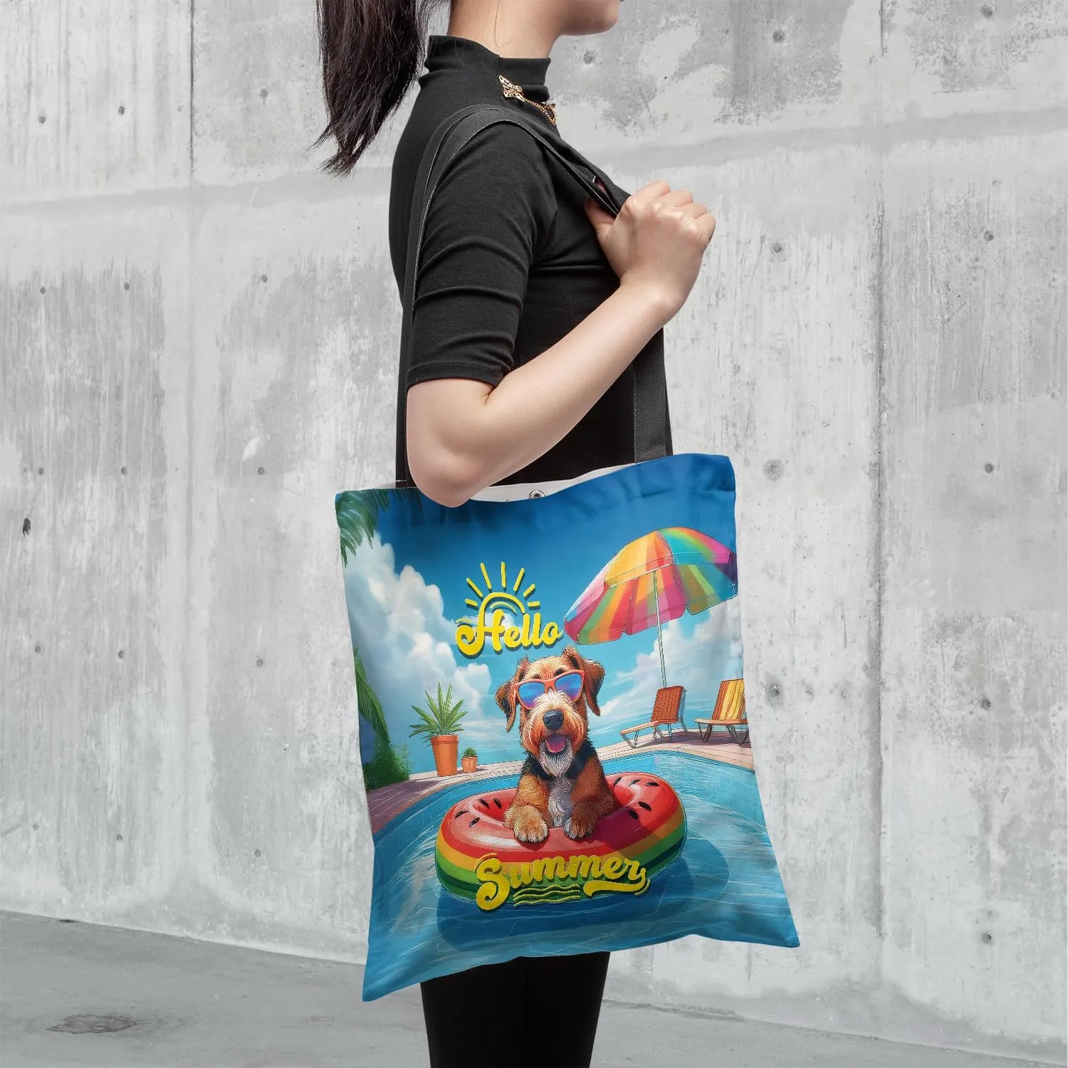 Hello Summer Dog Pool Day on Watermelon Float Canvas Tote Bag Reusable Shopping Grocery Bag