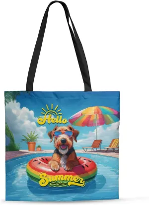 Hello Summer Dog Pool Day on Watermelon Float Canvas Tote Bag Reusable Shopping Grocery Bag