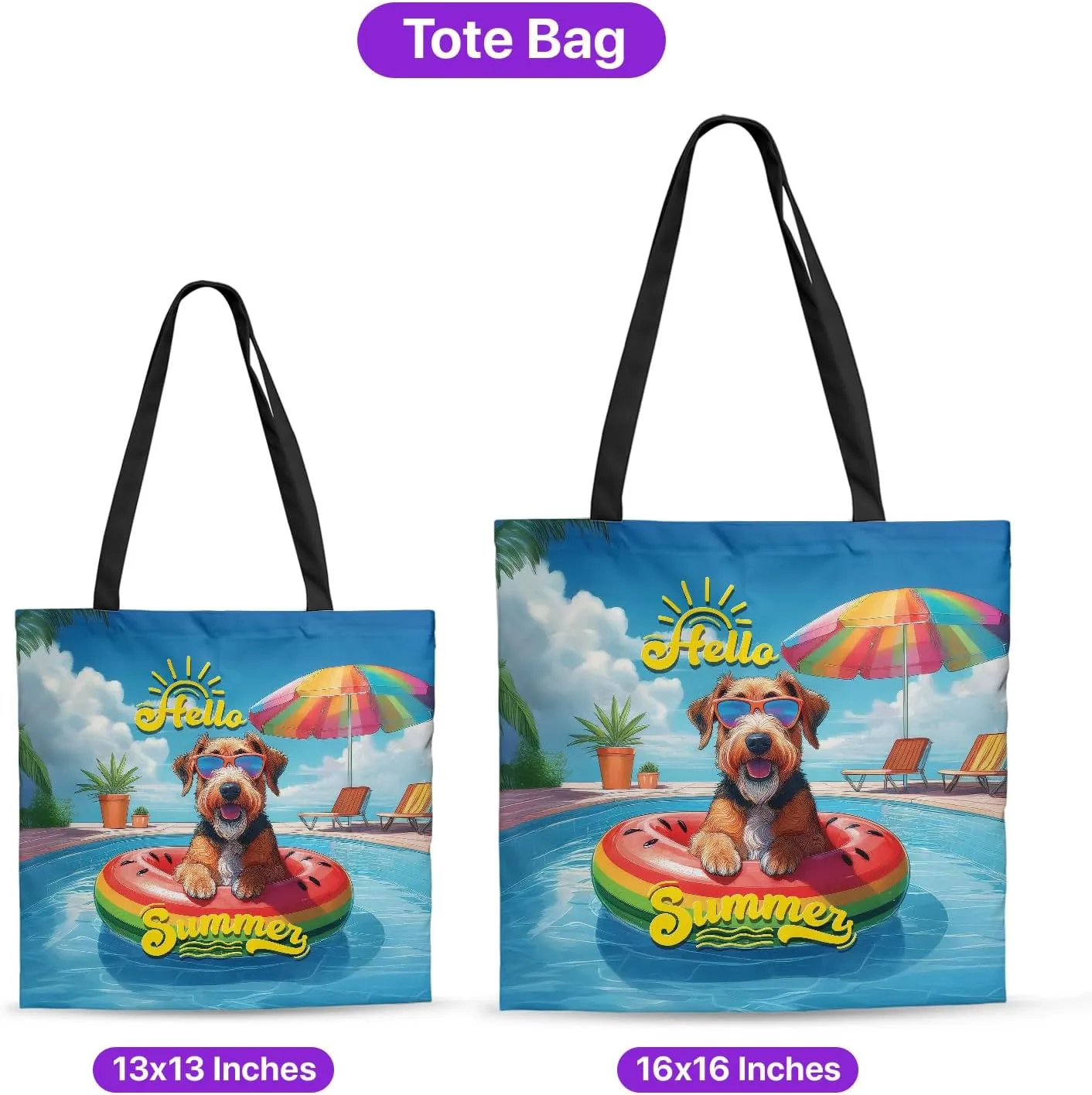 Hello Summer Dog Pool Day on Watermelon Float Canvas Tote Bag Reusable Shopping Grocery Bag
