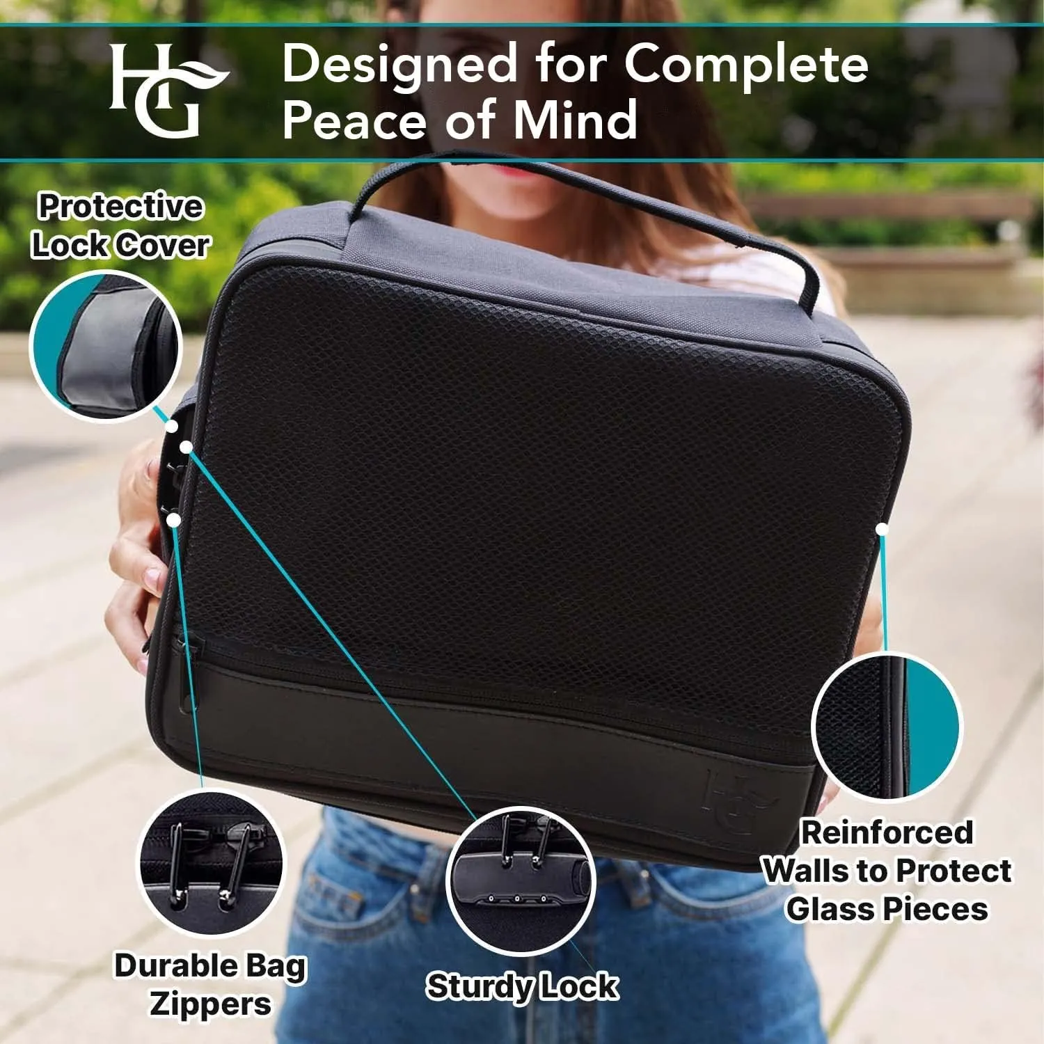 Herb Guard XL Smell Proof Bag & Airtight Case with Combination Lock (Container Holds Up to 5 Ounces) - Includes YKK Zippers, 250ml / Half oz Smell Proof Jar, Built in Tray & Travel Bags (Black)