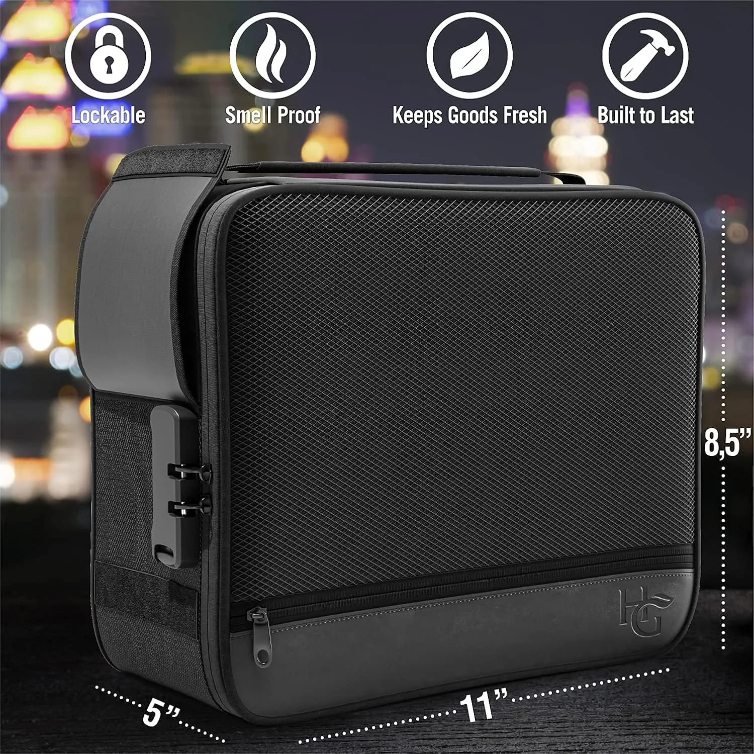 Herb Guard XL Smell Proof Bag & Airtight Case with Combination Lock (Container Holds Up to 5 Ounces) - Includes YKK Zippers, 250ml / Half oz Smell Proof Jar, Built in Tray & Travel Bags (Black)
