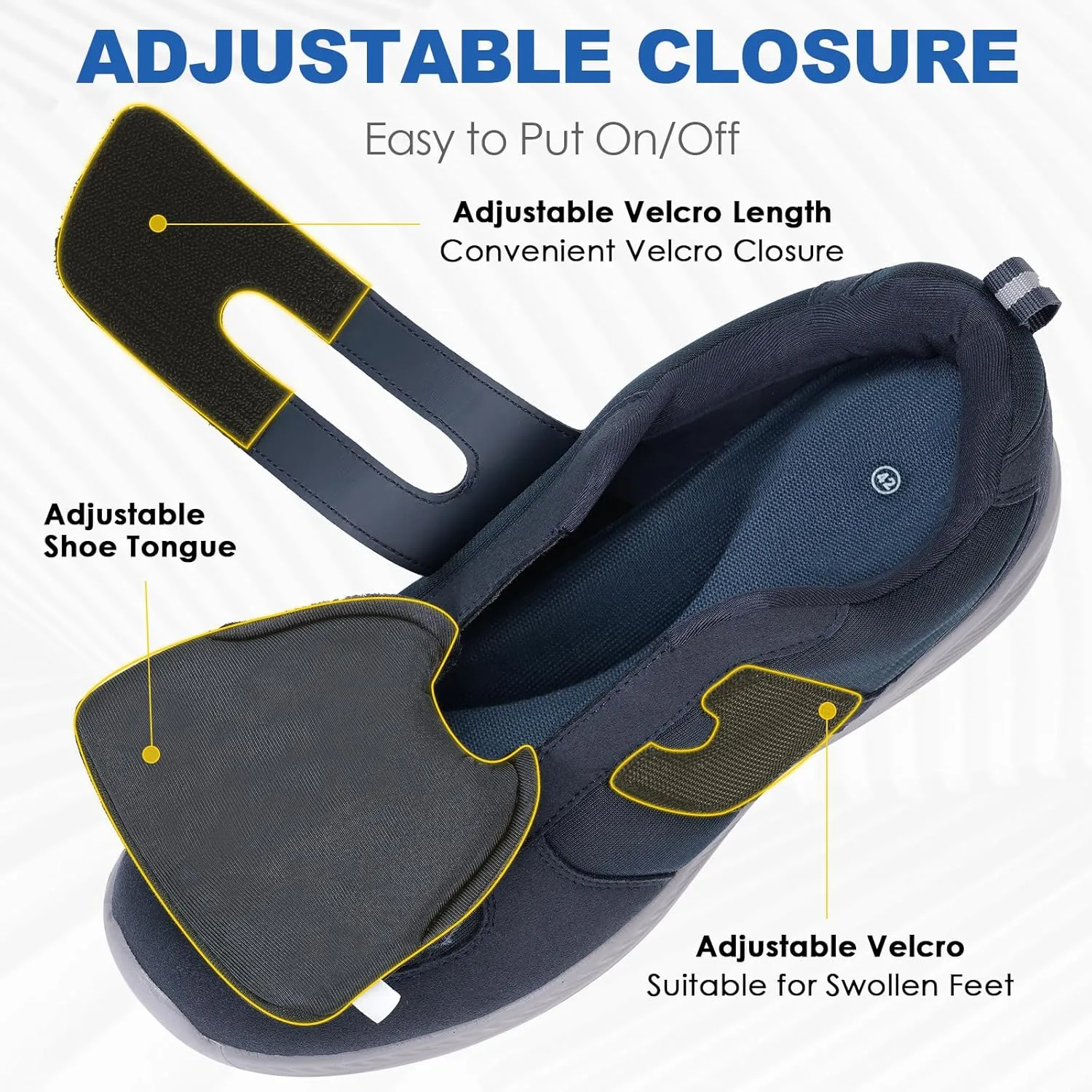 HiGropcore Diabetic Shoes for Women Men Wide Width Adjustable Walking Shoes Arch Support Orthopedic Edema Diabetic Shoes for Swollen Feet Neuropathy Fasciitis