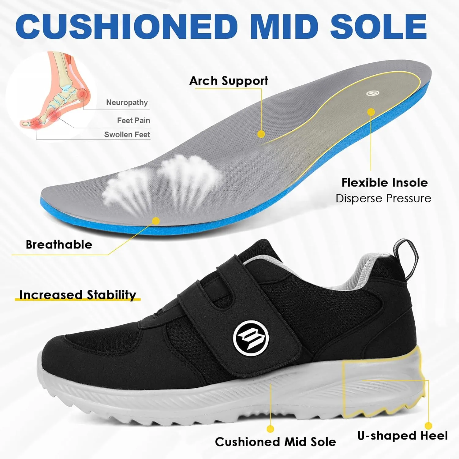HiGropcore Diabetic Shoes for Women Men Wide Width Adjustable Walking Shoes Arch Support Orthopedic Edema Diabetic Shoes for Swollen Feet Neuropathy Fasciitis