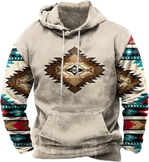 Hooded Sweatshirts for Men Casual Loose Ethnic Print Graphic Tee Shirts Western Aztec Ethnic Long Sleeve Pullover