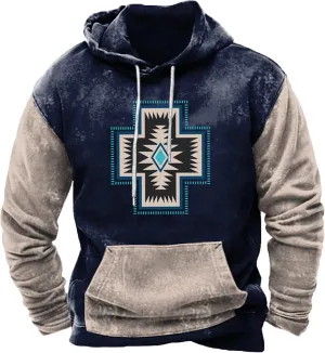 Hooded Sweatshirts for Men Casual Loose Ethnic Print Graphic Tee Shirts Western Aztec Ethnic Long Sleeve Pullover