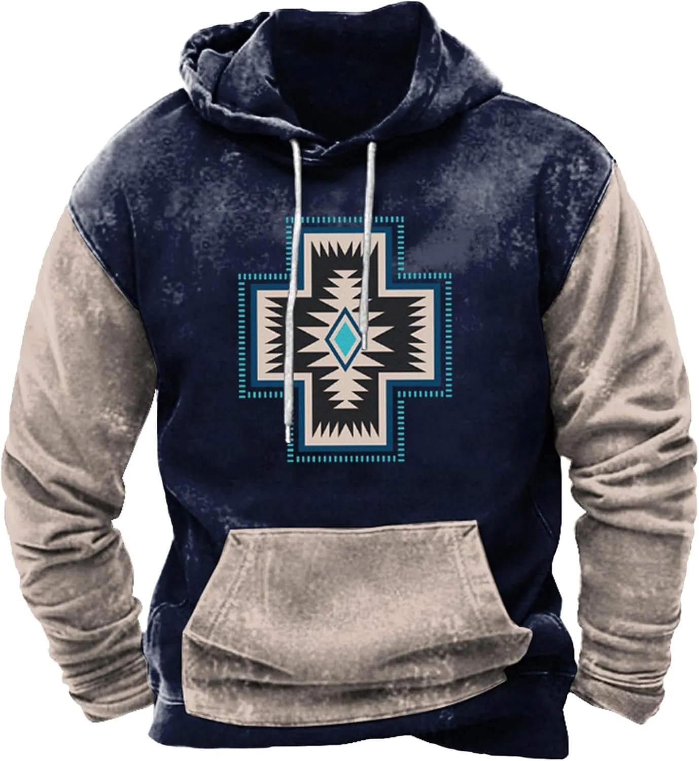 Hooded Sweatshirts for Men Casual Loose Ethnic Print Graphic Tee Shirts Western Aztec Ethnic Long Sleeve Pullover