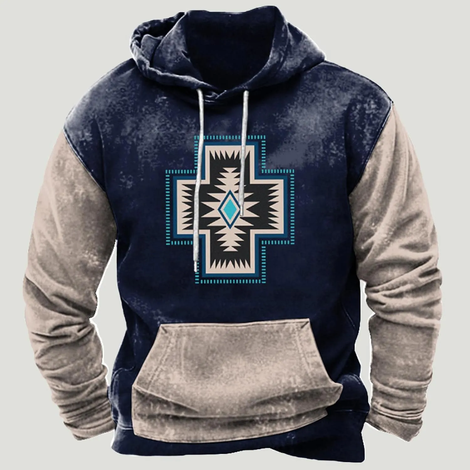 Hooded Sweatshirts for Men Casual Loose Ethnic Print Graphic Tee Shirts Western Aztec Ethnic Long Sleeve Pullover