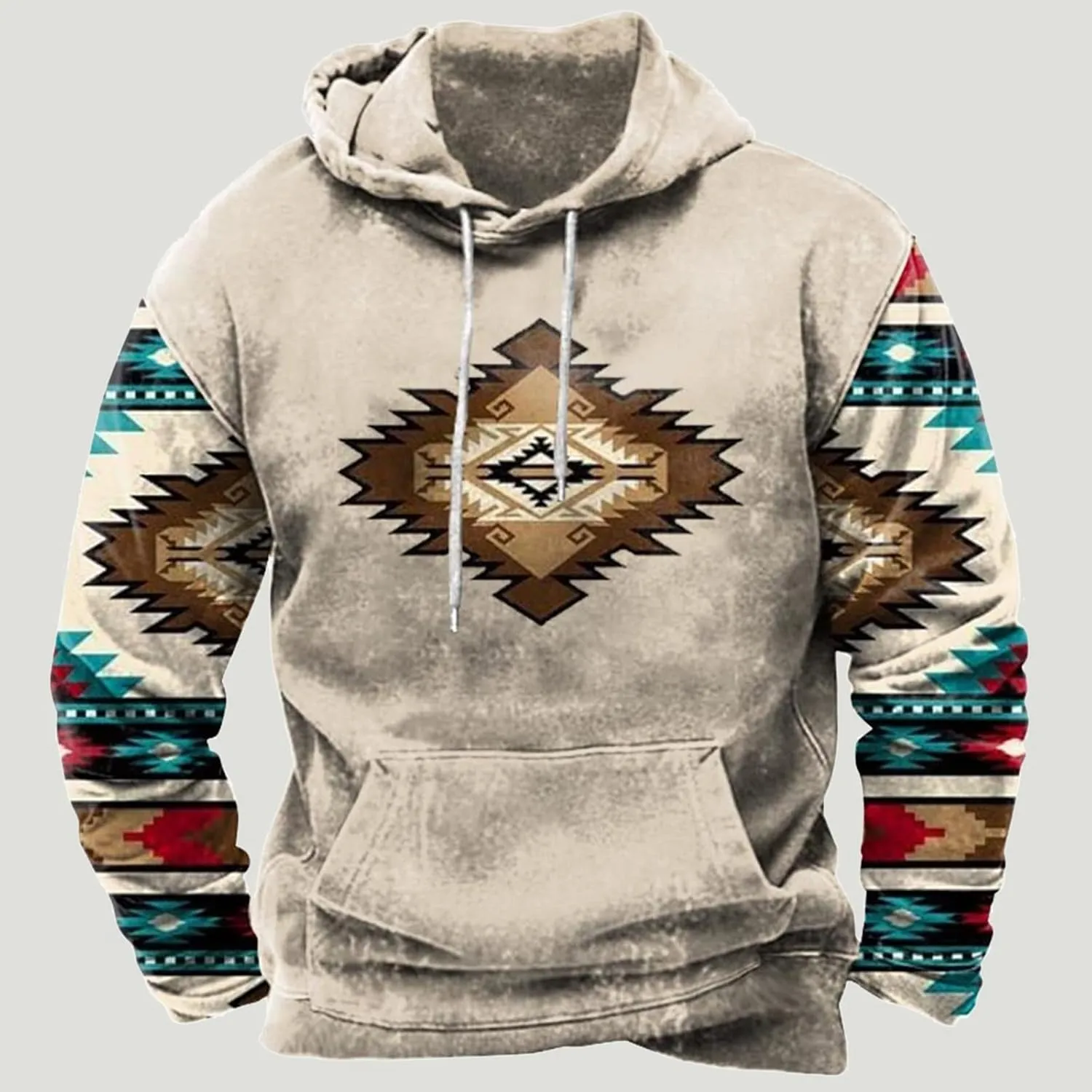 Hooded Sweatshirts for Men Casual Loose Ethnic Print Graphic Tee Shirts Western Aztec Ethnic Long Sleeve Pullover