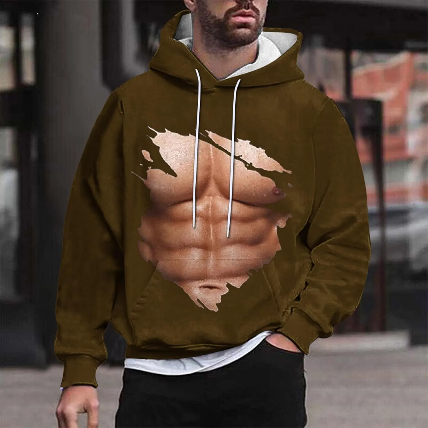 Hoodies for Men Pullover Mens Workout Muscle Print Hooded Sweatshirts Causal Loose Drawstring Long Sleeve Shirts