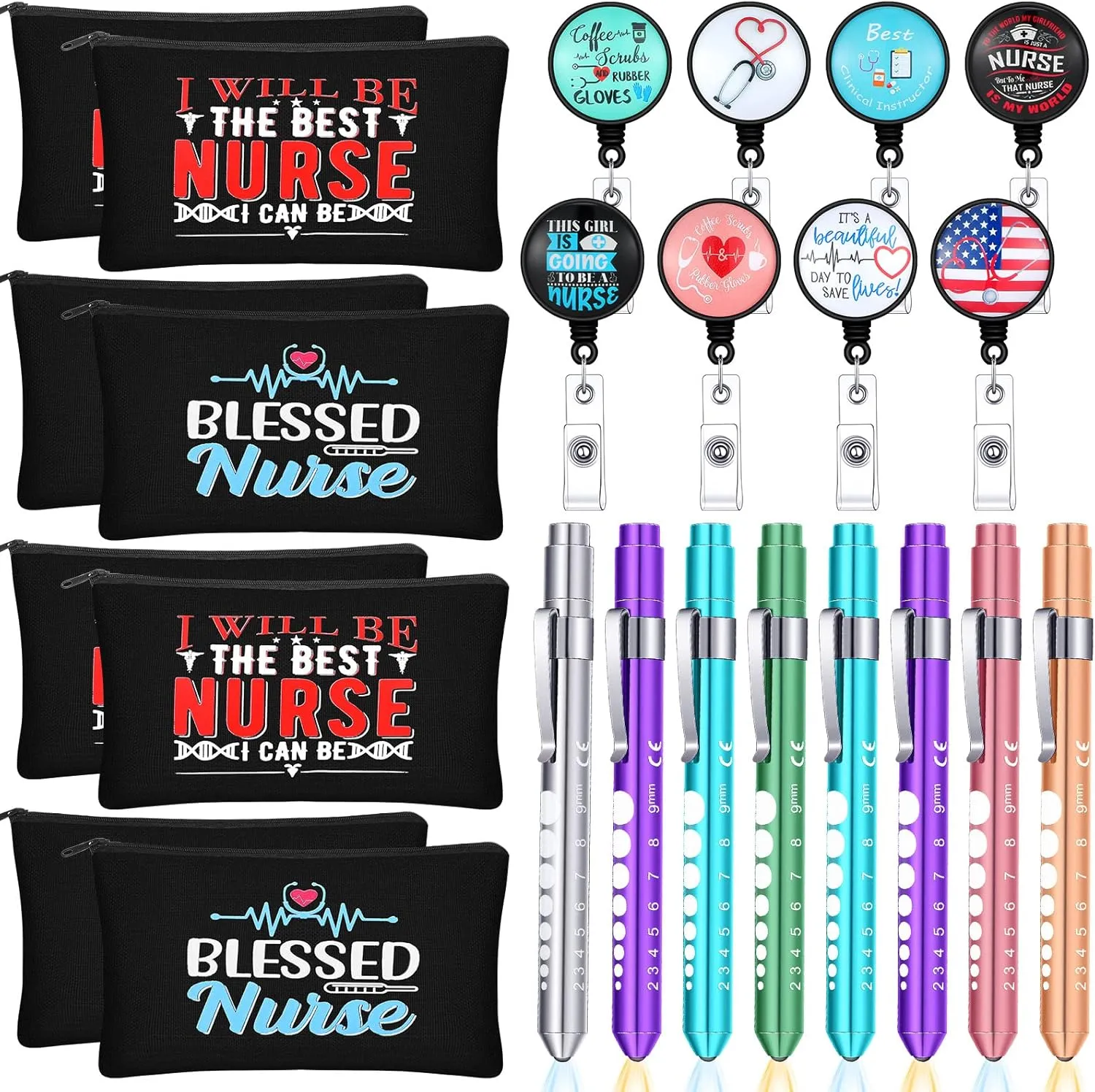 Hoolerry 24 Pcs Nurse Ｗeek Gifts Set Nurse Accessories for Work Set Nurse Penlight Nurse Makeup Bags Cosmetic Bag Nurse Badge Reel Gifts for Nurse Nursing Student Christmas Gifts (Fresh Pattern)