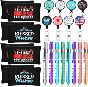 Hoolerry 24 Pcs Nurse Ｗeek Gifts Set Nurse Accessories for Work Set Nurse Penlight Nurse Makeup Bags Cosmetic Bag Nurse Badge Reel Gifts for Nurse Nursing Student Christmas Gifts (Fresh Pattern)