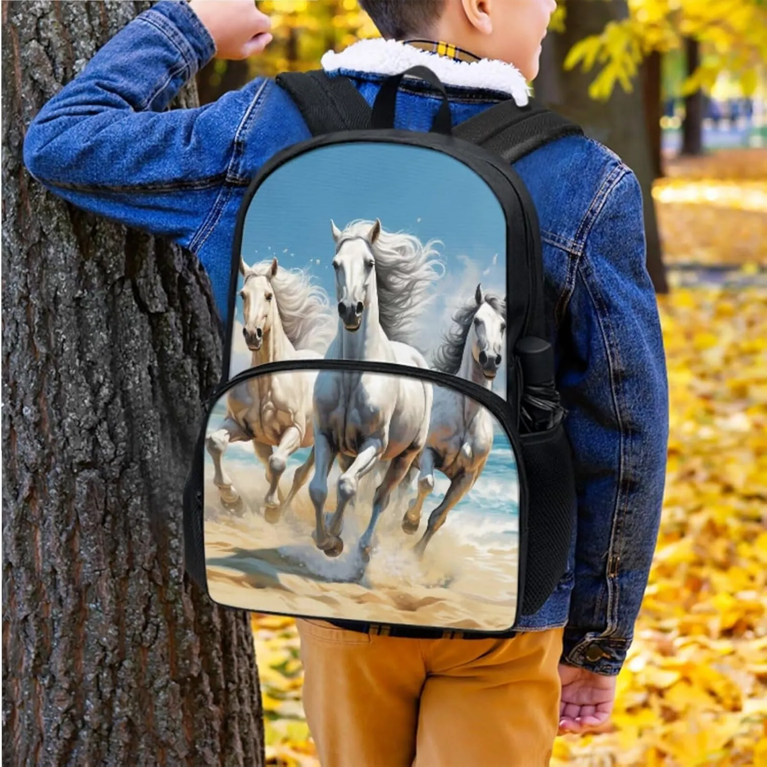 Horse Boys Bookbag with Lunch Box 5th Grade Shoulder Bag for School Removable Strap Hand Carry Lunch Box Backpack Book Cover for Junior Middle School