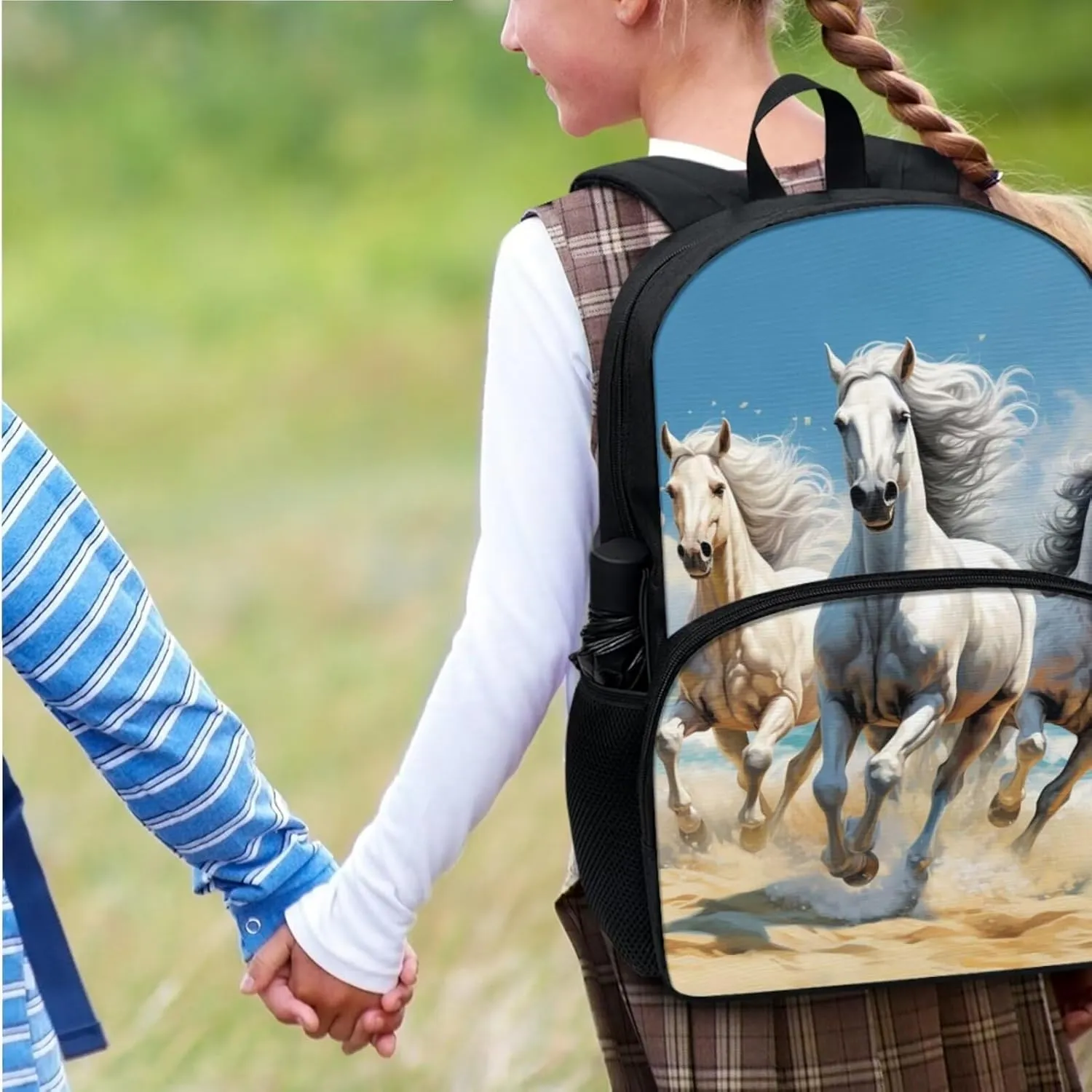 Horse Boys Bookbag with Lunch Box 5th Grade Shoulder Bag for School Removable Strap Hand Carry Lunch Box Backpack Book Cover for Junior Middle School