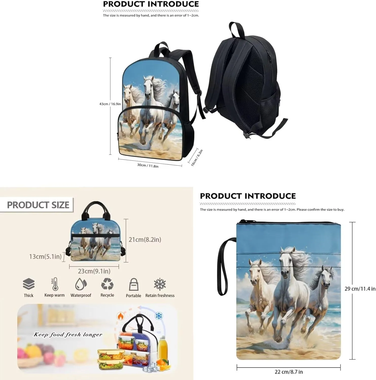 Horse Boys Bookbag with Lunch Box 5th Grade Shoulder Bag for School Removable Strap Hand Carry Lunch Box Backpack Book Cover for Junior Middle School