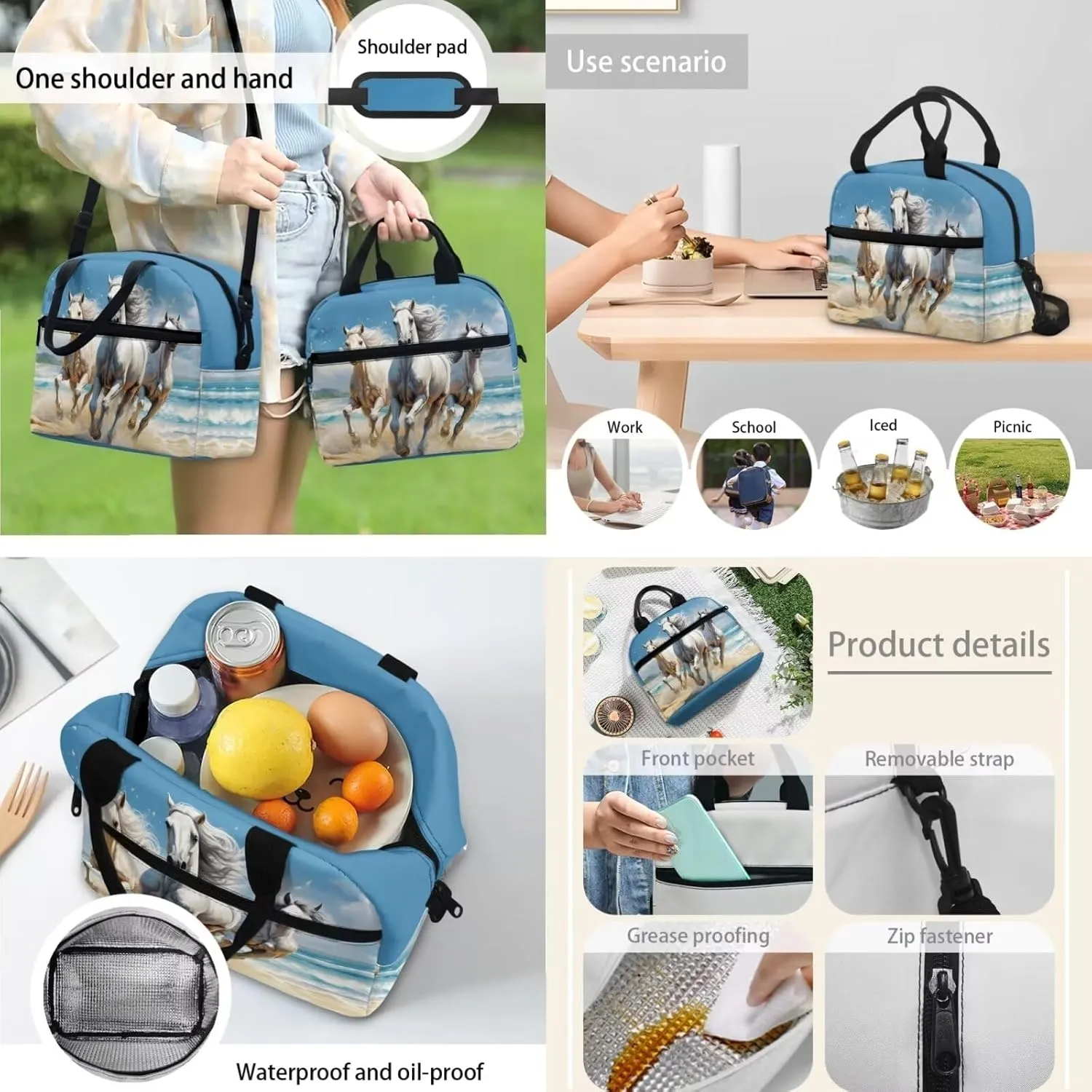 Horse Boys Bookbag with Lunch Box 5th Grade Shoulder Bag for School Removable Strap Hand Carry Lunch Box Backpack Book Cover for Junior Middle School