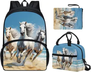 Horse Boys Bookbag with Lunch Box 5th Grade Shoulder Bag for School Removable Strap Hand Carry Lunch Box Backpack Book Cover for Junior Middle School