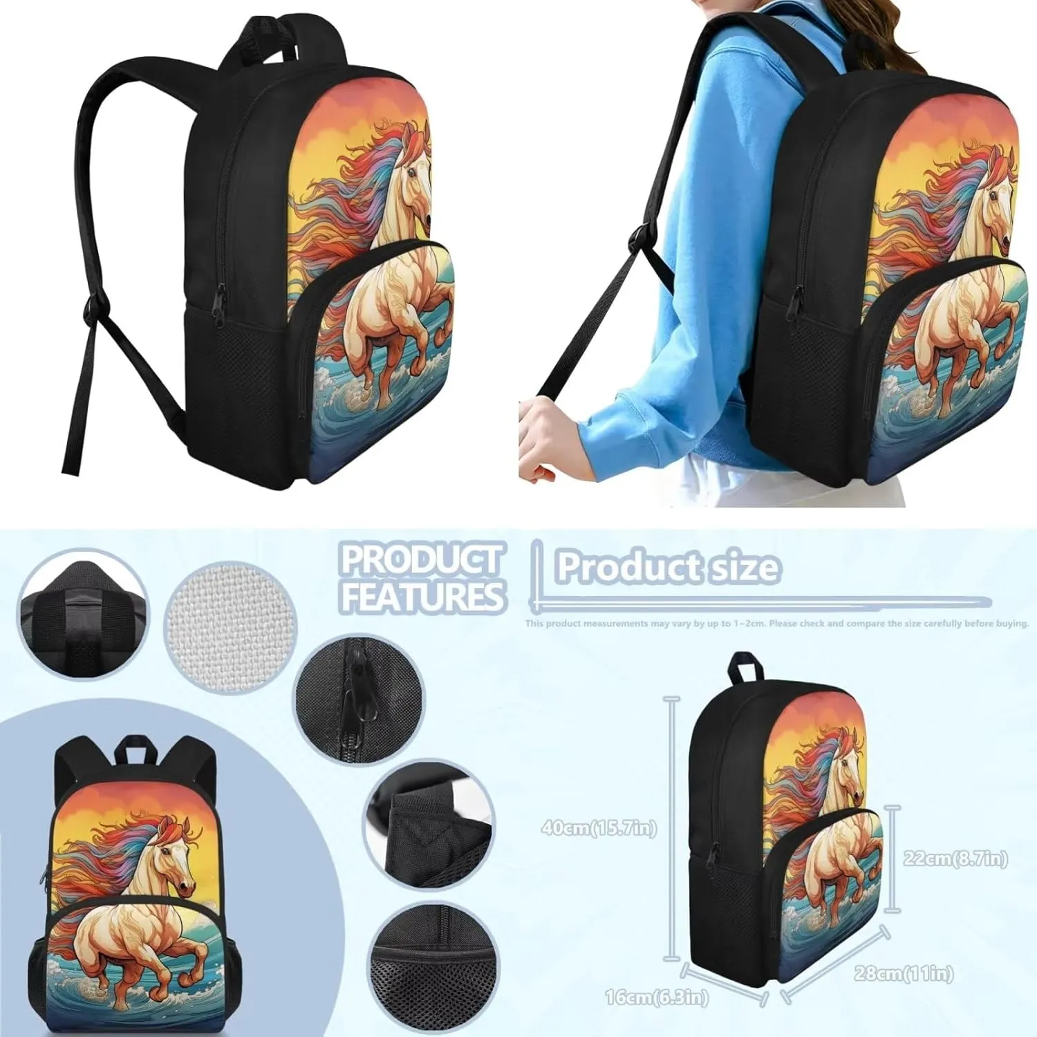Horse Print Backpack for Boys with Lunch Box 7-10Y Back to School Carrier Bag & Case Keep Warm Lunch Box Bag and Boys Pencil Case for Middle School