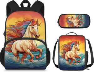 Horse Print Backpack for Boys with Lunch Box 7-10Y Back to School Carrier Bag & Case Keep Warm Lunch Box Bag and Boys Pencil Case for Middle School
