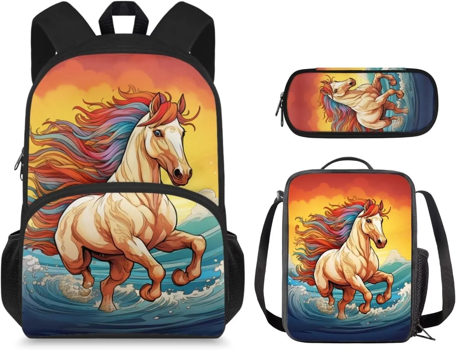 Horse Print Backpack for Boys with Lunch Box 7-10Y Back to School Carrier Bag & Case Keep Warm Lunch Box Bag and Boys Pencil Case for Middle School