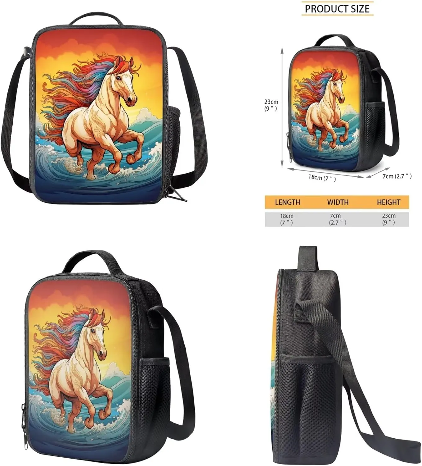 Horse Print Backpack for Boys with Lunch Box 7-10Y Back to School Carrier Bag & Case Keep Warm Lunch Box Bag and Boys Pencil Case for Middle School