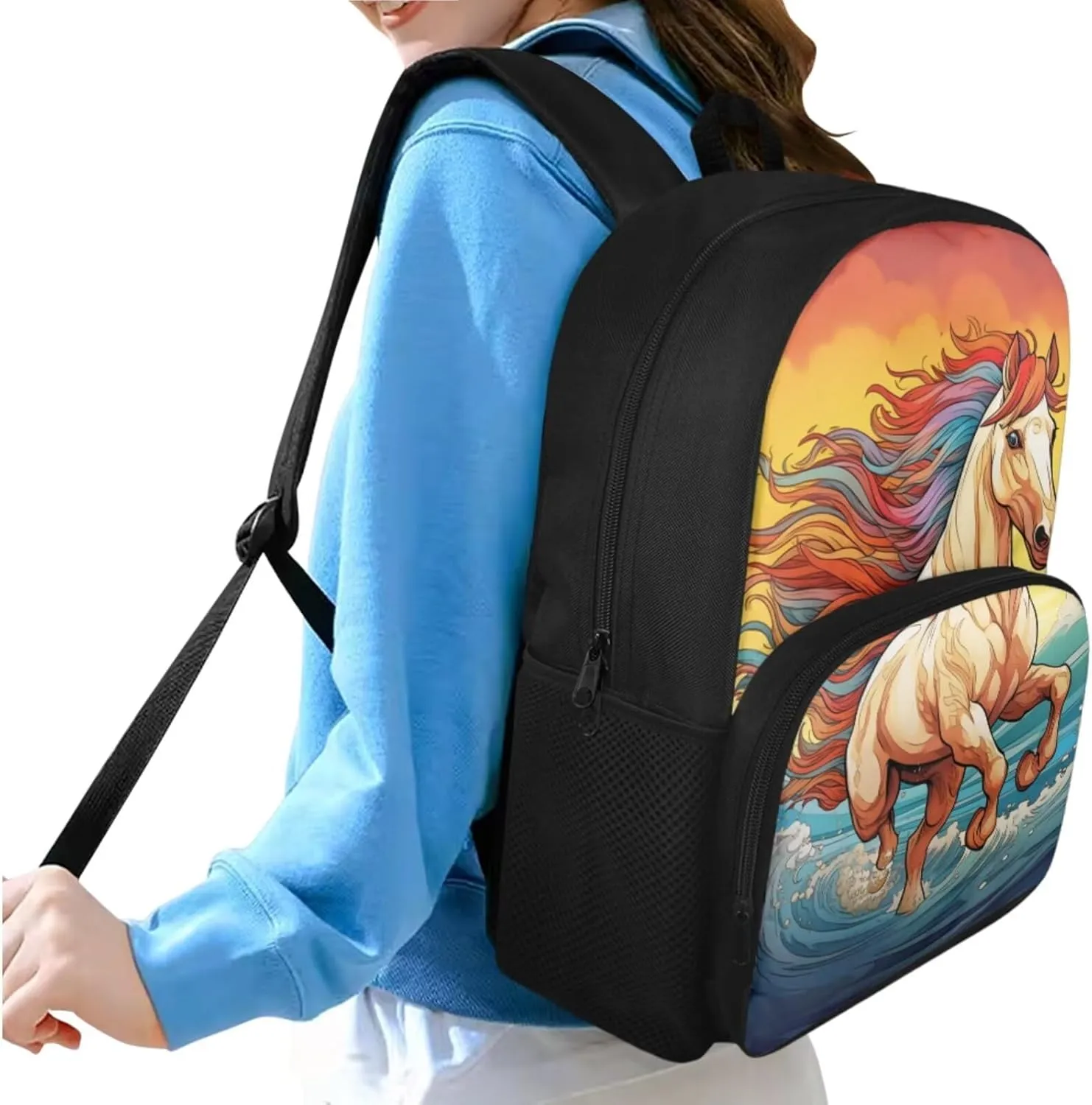Horse Print Backpack for Boys with Lunch Box 7-10Y Back to School Carrier Bag & Case Keep Warm Lunch Box Bag and Boys Pencil Case for Middle School