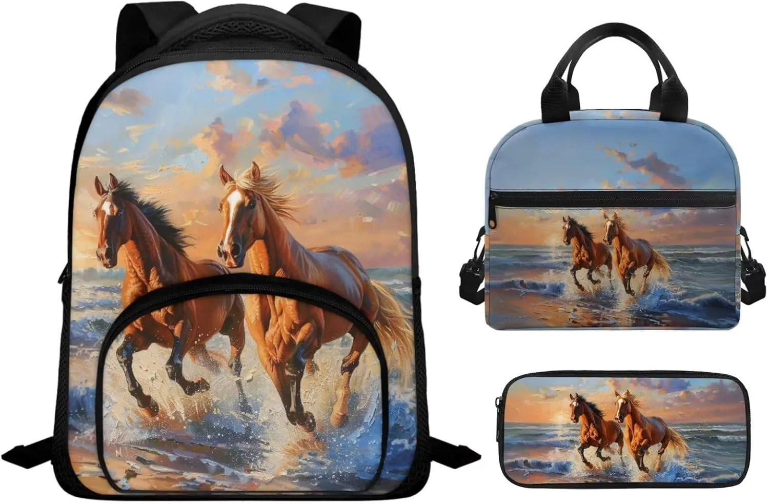 Horse Print Backpack Lunchbox Set for Kids 6-8T Portable Fashion School Bag for Boys Waterproof and Oil Proof Food Bag and Mini Pencil Case for Elementary School