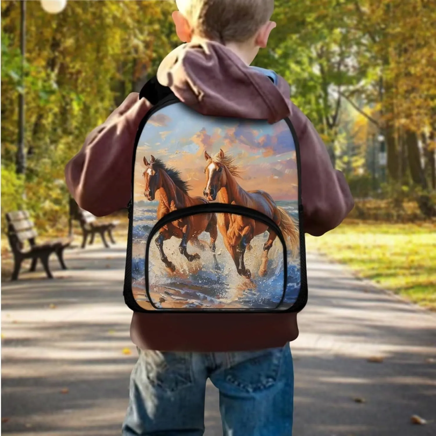 Horse Print Backpack Lunchbox Set for Kids 6-8T Portable Fashion School Bag for Boys Waterproof and Oil Proof Food Bag and Mini Pencil Case for Elementary School