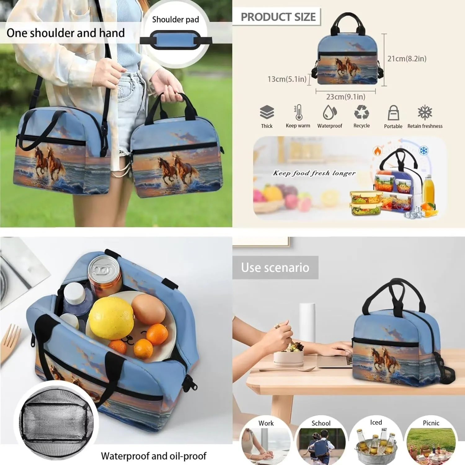Horse Print Backpack Lunchbox Set for Kids 6-8T Portable Fashion School Bag for Boys Waterproof and Oil Proof Food Bag and Mini Pencil Case for Elementary School