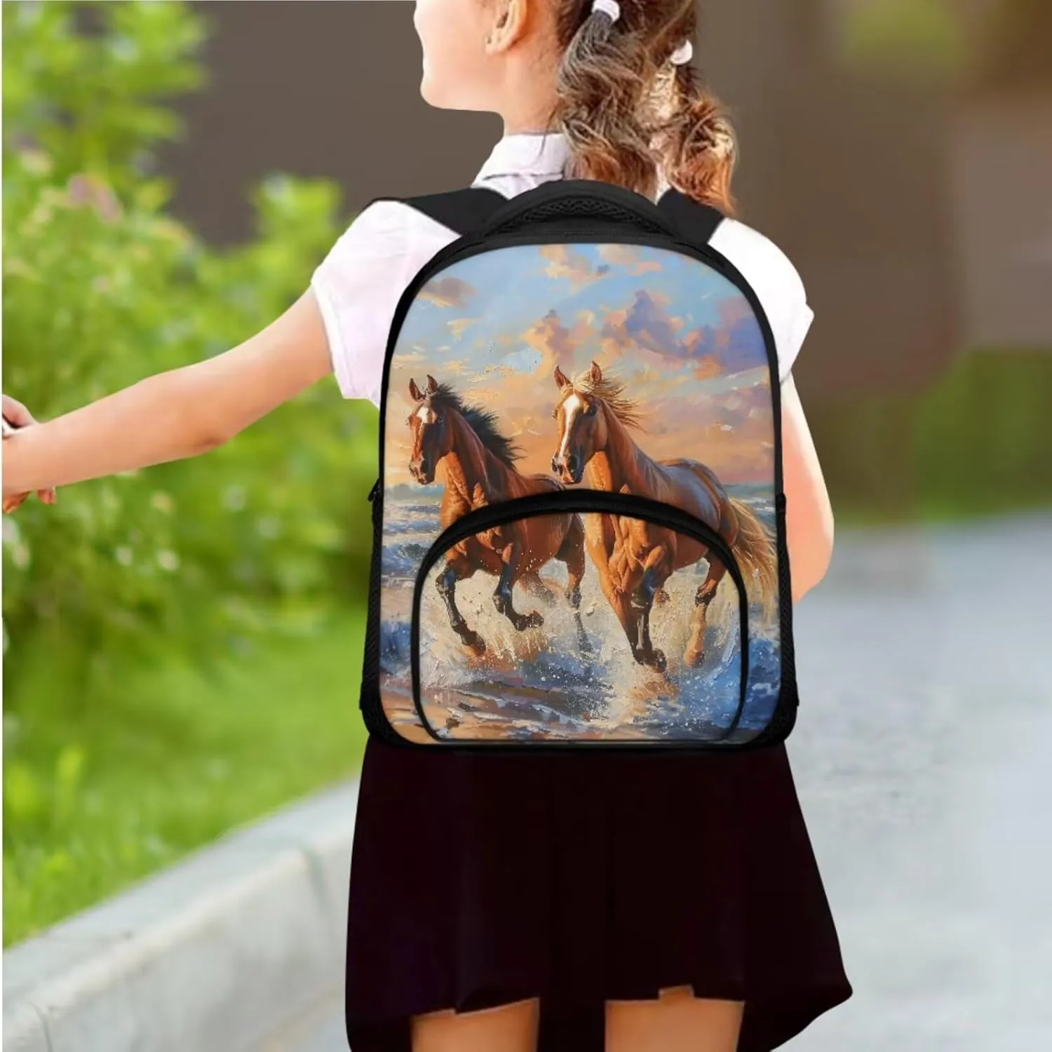 Horse Print Backpack Lunchbox Set for Kids 6-8T Portable Fashion School Bag for Boys Waterproof and Oil Proof Food Bag and Mini Pencil Case for Elementary School