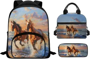 Horse Print Backpack Lunchbox Set for Kids 6-8T Portable Fashion School Bag for Boys Waterproof and Oil Proof Food Bag and Mini Pencil Case for Elementary School