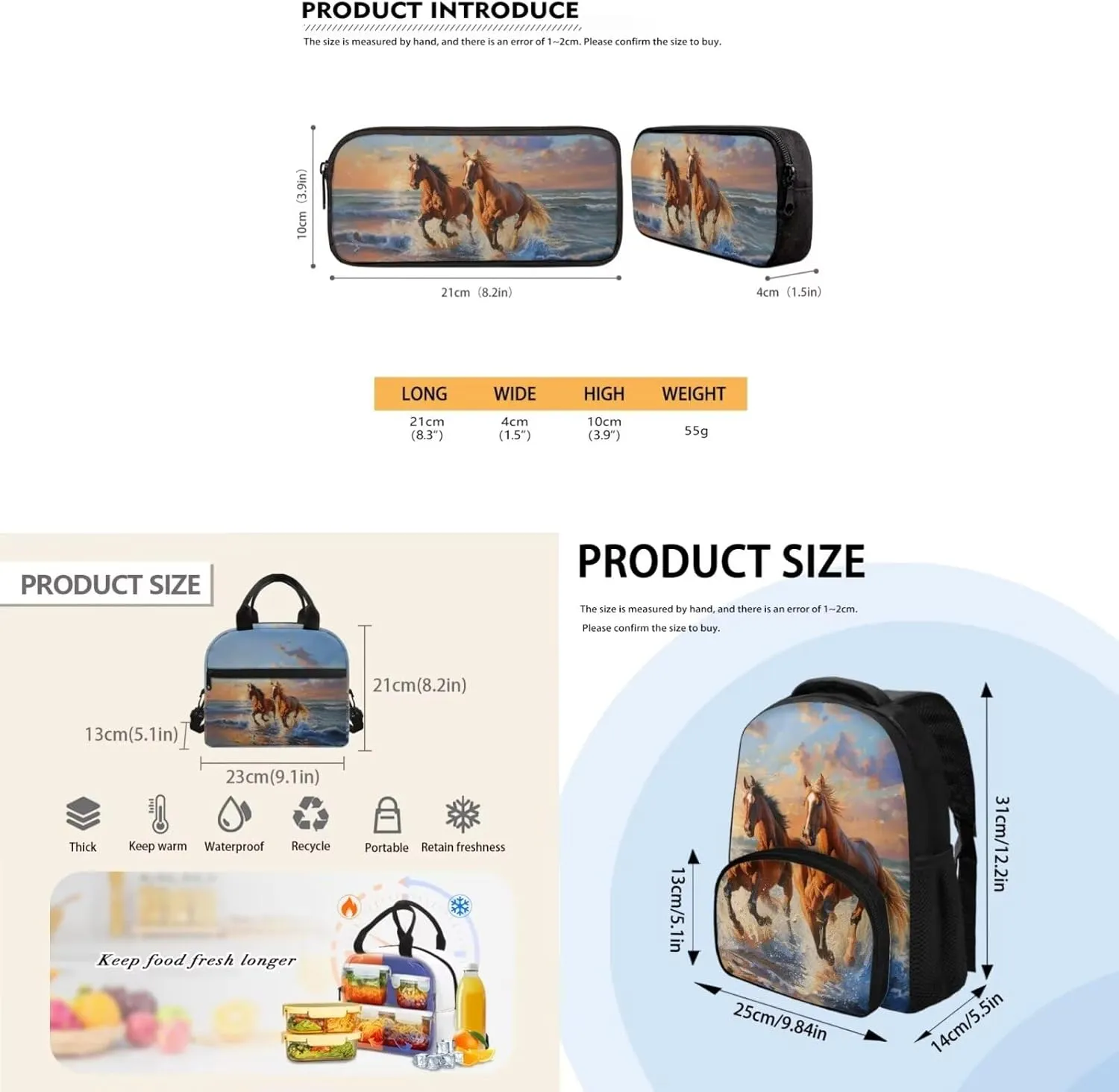 Horse Print Backpack Lunchbox Set for Kids 6-8T Portable Fashion School Bag for Boys Waterproof and Oil Proof Food Bag and Mini Pencil Case for Elementary School