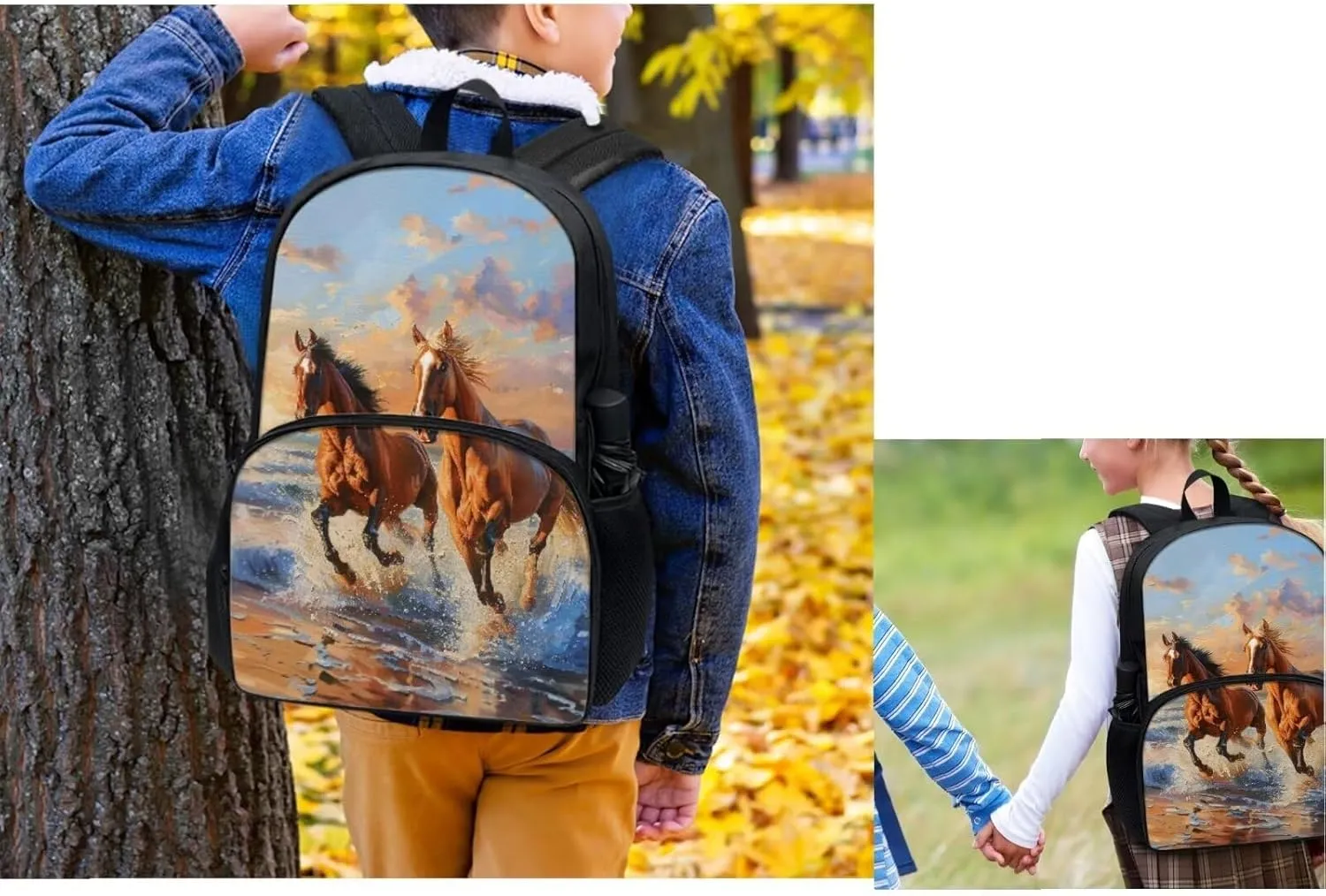 Horse Set of 4 Backpack Lunchbox Water Bottle Set for Boys Cute Pencil Case Portable School Bag for Girls 12-14 Universal Schoolbag for Picnic Hiking Shopping