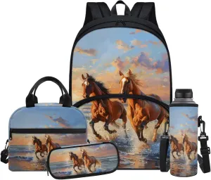 Horse Set of 4 Backpack Lunchbox Water Bottle Set for Boys Cute Pencil Case Portable School Bag for Girls 12-14 Universal Schoolbag for Picnic Hiking Shopping