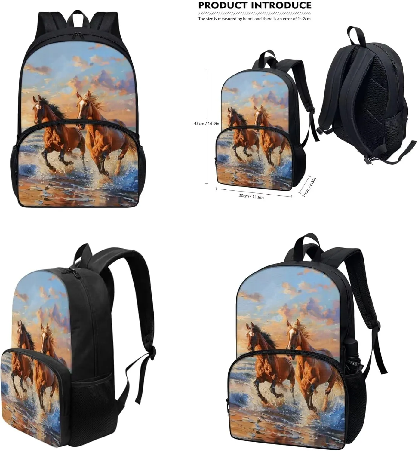 Horse Set of 4 Backpack Lunchbox Water Bottle Set for Boys Cute Pencil Case Portable School Bag for Girls 12-14 Universal Schoolbag for Picnic Hiking Shopping