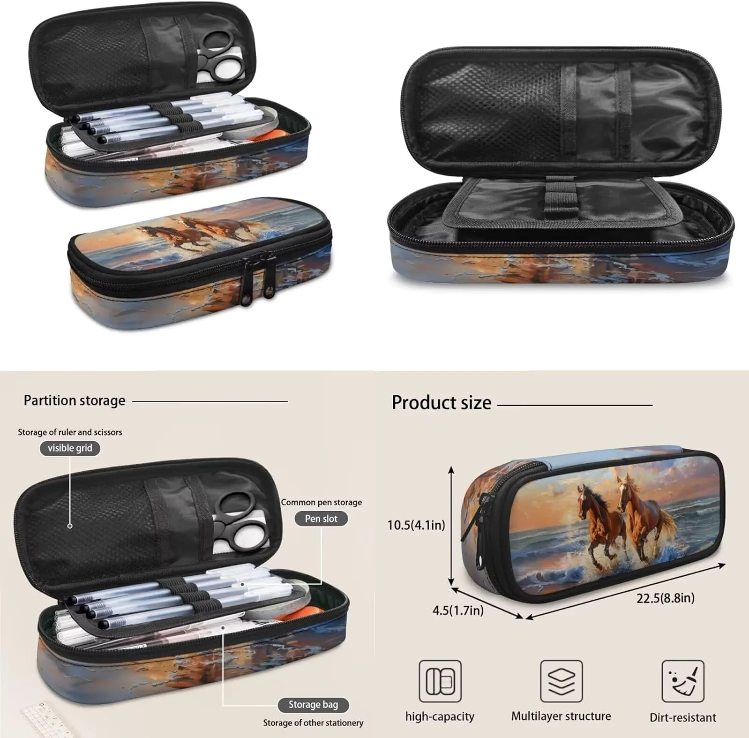 Horse Set of 4 Backpack Lunchbox Water Bottle Set for Boys Cute Pencil Case Portable School Bag for Girls 12-14 Universal Schoolbag for Picnic Hiking Shopping