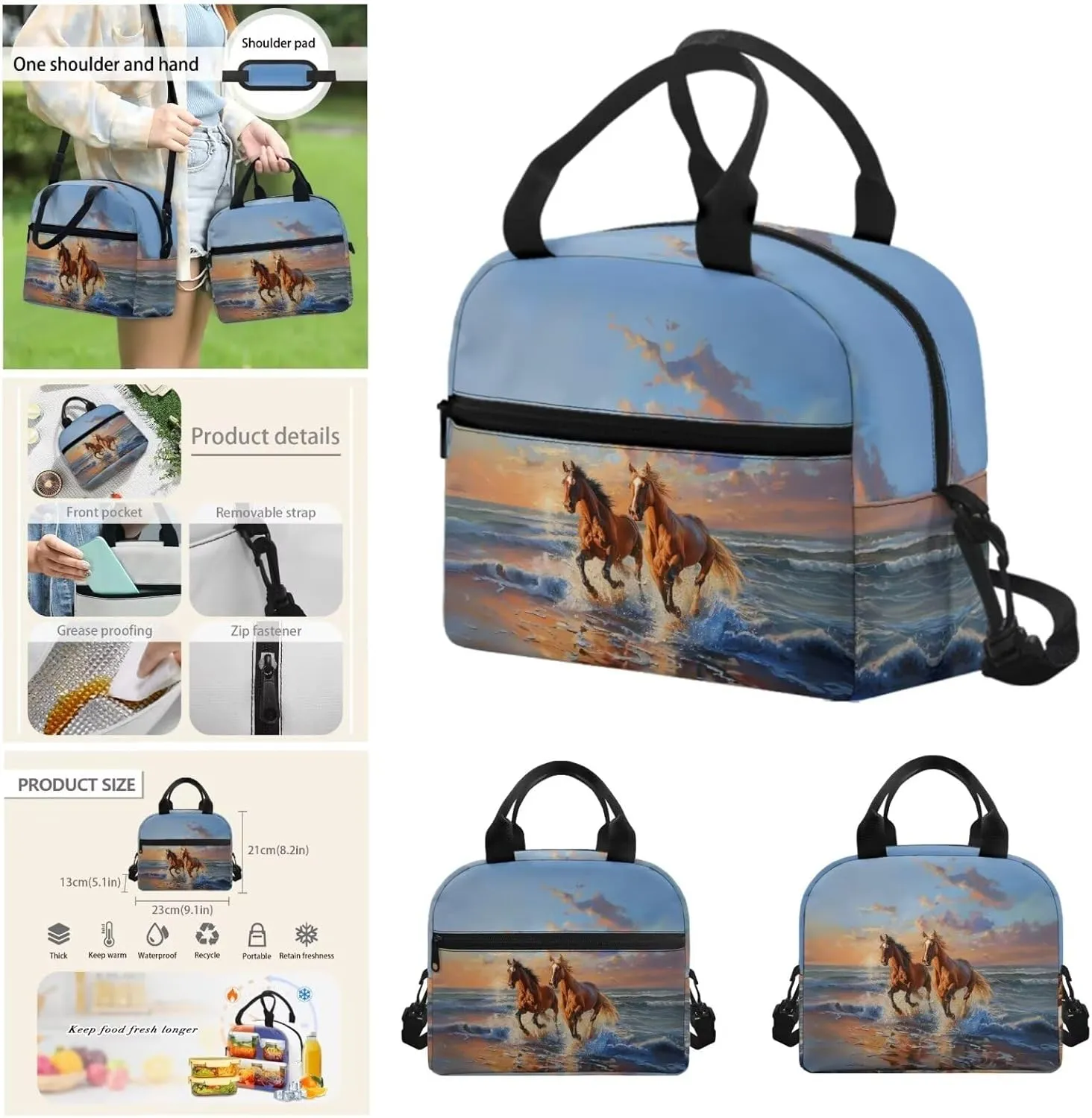 Horse Set of 4 Backpack Lunchbox Water Bottle Set for Boys Cute Pencil Case Portable School Bag for Girls 12-14 Universal Schoolbag for Picnic Hiking Shopping