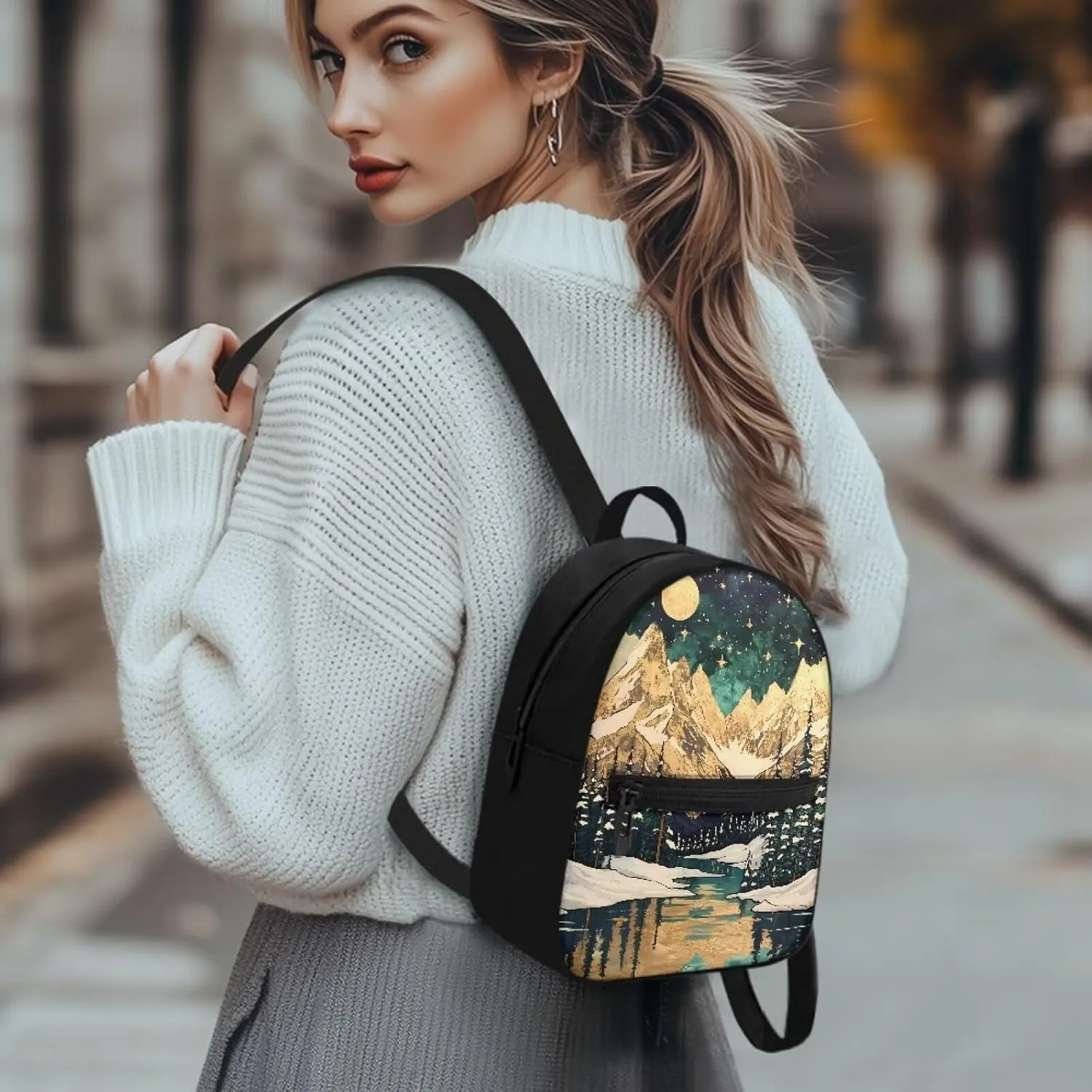 HUGS IDEA Aurora Forests Purse for Women Backpack for Travel Mini Handbag for Teen Girls Travel Shoulder Bags Casual Daypack with Zipper Back Pack Lightweight Daypack Backpack