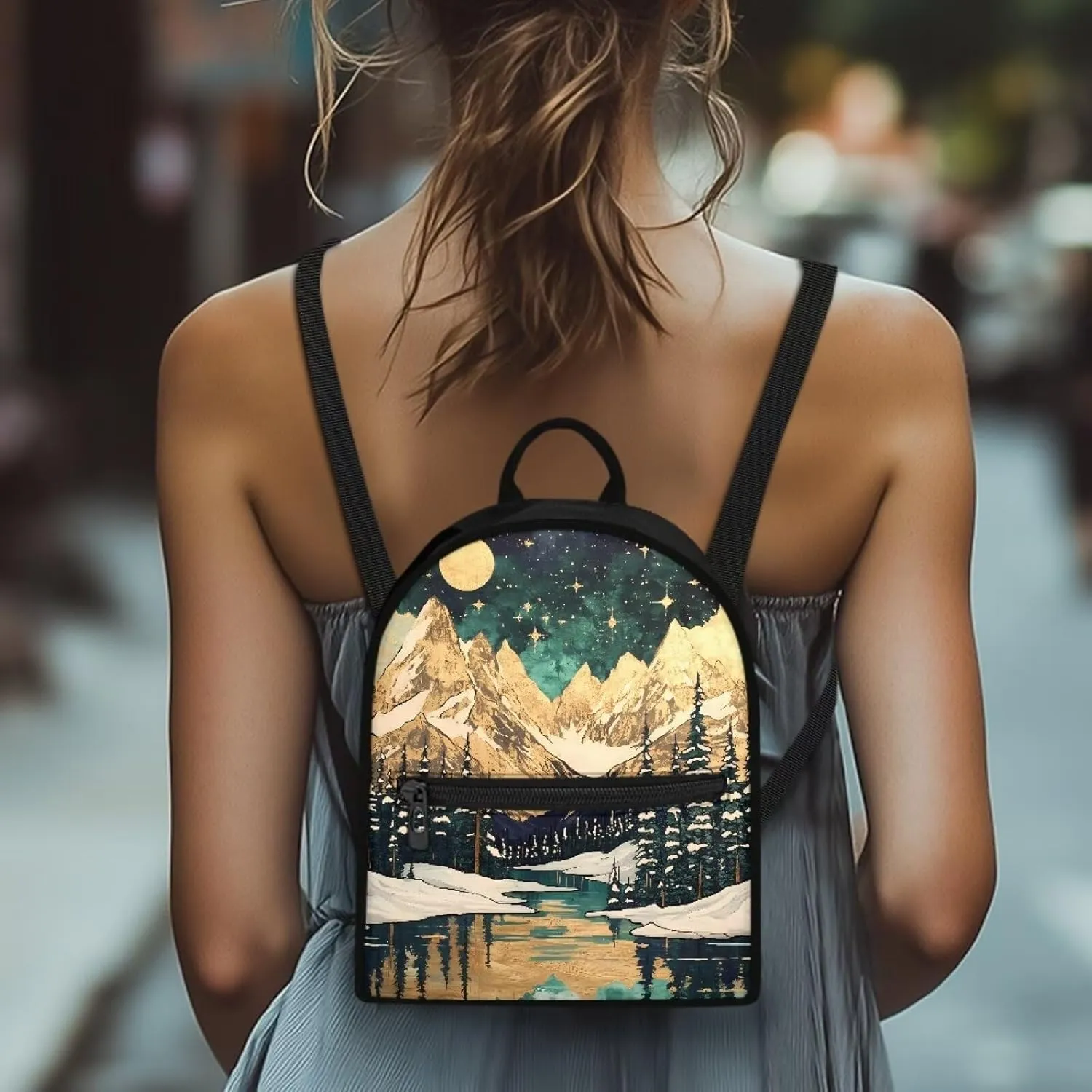 HUGS IDEA Aurora Forests Purse for Women Backpack for Travel Mini Handbag for Teen Girls Travel Shoulder Bags Casual Daypack with Zipper Back Pack Lightweight Daypack Backpack