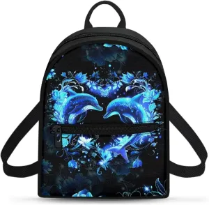 HUGS IDEA Blue Dolphin Backpack Purse for Women Mini Handbag for Teen Girls Travel Shoulder Bags Casual Daypack with Zipper Back Pack Lightweight Cell Phone Backpack