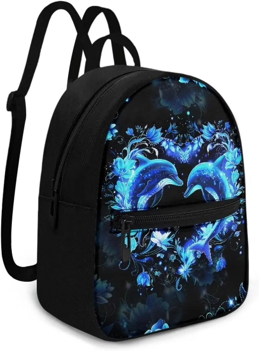 HUGS IDEA Blue Dolphin Backpack Purse for Women Mini Handbag for Teen Girls Travel Shoulder Bags Casual Daypack with Zipper Back Pack Lightweight Cell Phone Backpack