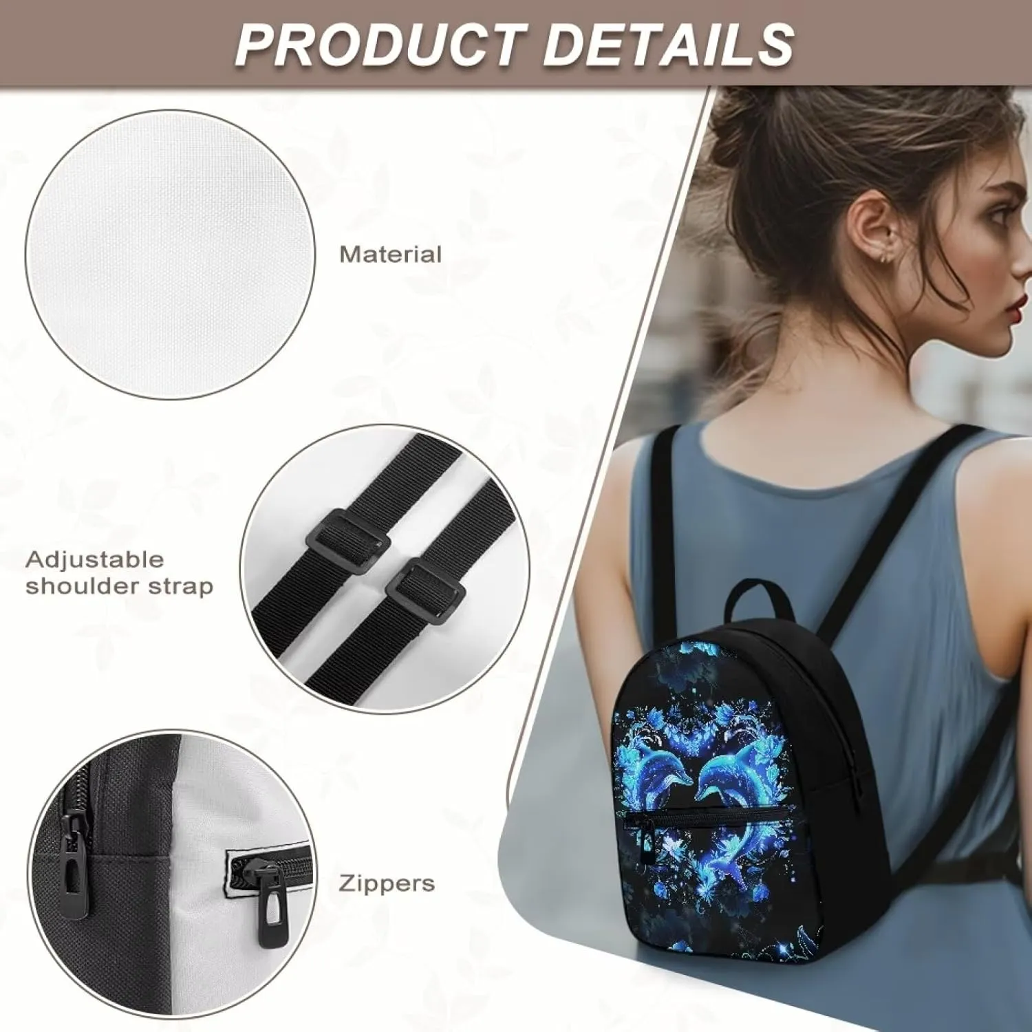 HUGS IDEA Blue Dolphin Backpack Purse for Women Mini Handbag for Teen Girls Travel Shoulder Bags Casual Daypack with Zipper Back Pack Lightweight Cell Phone Backpack