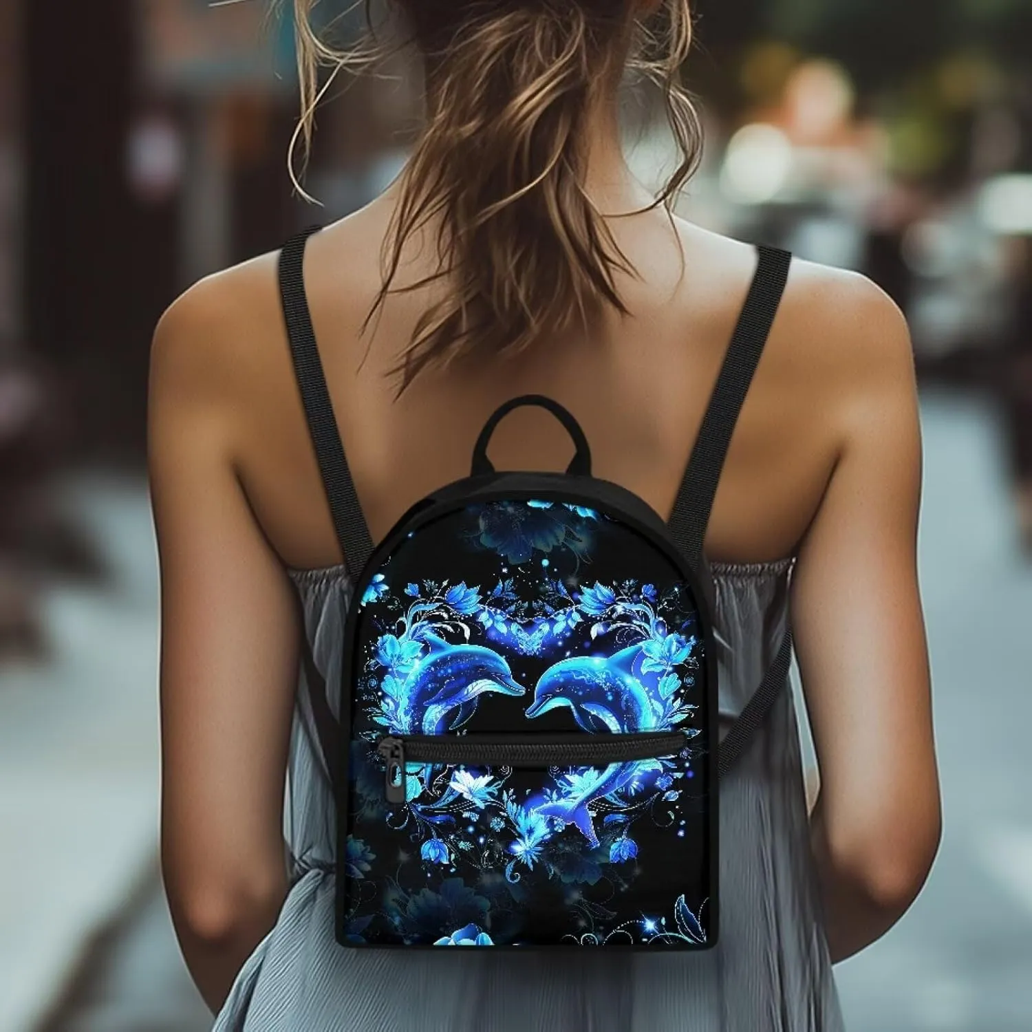 HUGS IDEA Blue Dolphin Backpack Purse for Women Mini Handbag for Teen Girls Travel Shoulder Bags Casual Daypack with Zipper Back Pack Lightweight Cell Phone Backpack