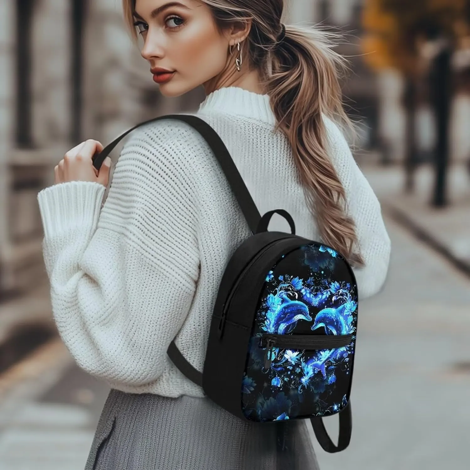 HUGS IDEA Blue Dolphin Backpack Purse for Women Mini Handbag for Teen Girls Travel Shoulder Bags Casual Daypack with Zipper Back Pack Lightweight Cell Phone Backpack