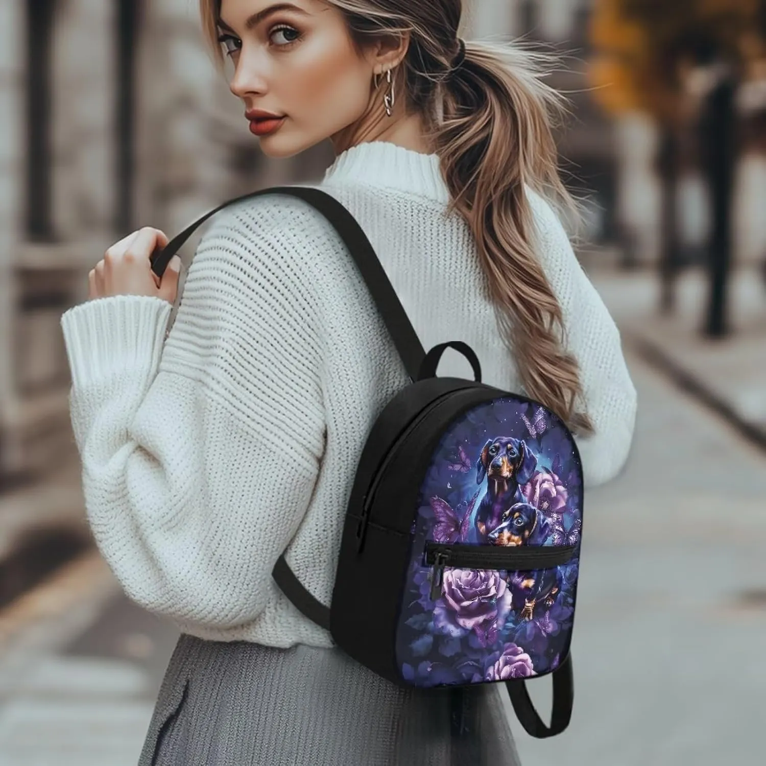 HUGS IDEA Dachshund Backpack Purse for Women Rose Fashion Shoulder Bags for Lady Casual Daypack Tote Bag for Teen Girls Rucksack for Work Hiking Travel Daily Use