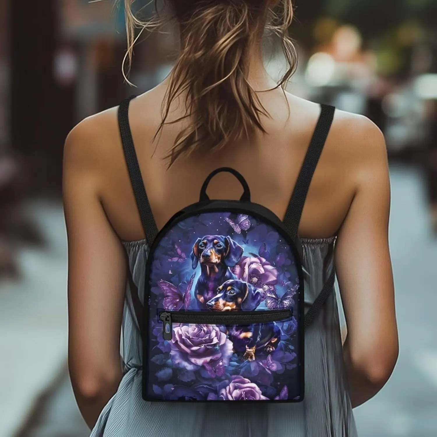 HUGS IDEA Dachshund Backpack Purse for Women Rose Fashion Shoulder Bags for Lady Casual Daypack Tote Bag for Teen Girls Rucksack for Work Hiking Travel Daily Use