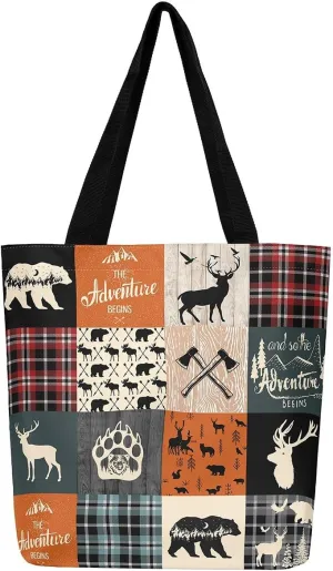 Hunting Deer Canvas Tote Bag Farmhouse Rustic Tote Bag Wildlife Bear Shopping Grocery Bags