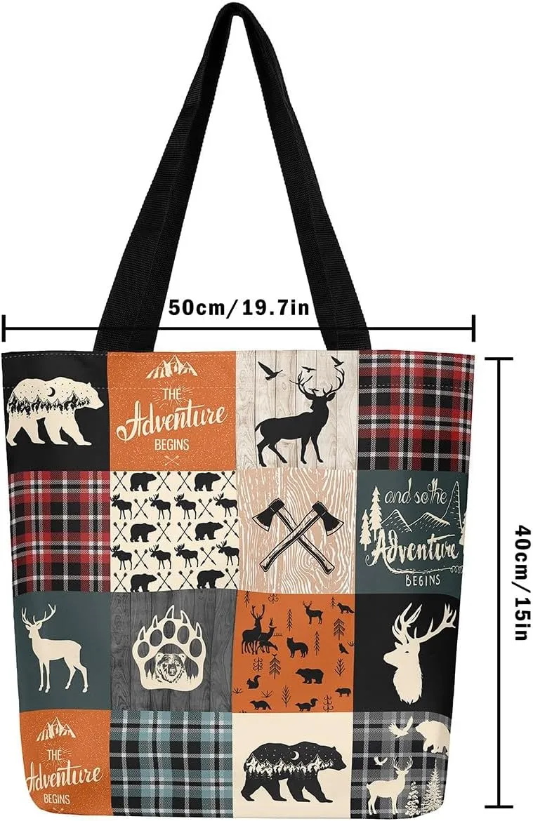 Hunting Deer Canvas Tote Bag Farmhouse Rustic Tote Bag Wildlife Bear Shopping Grocery Bags