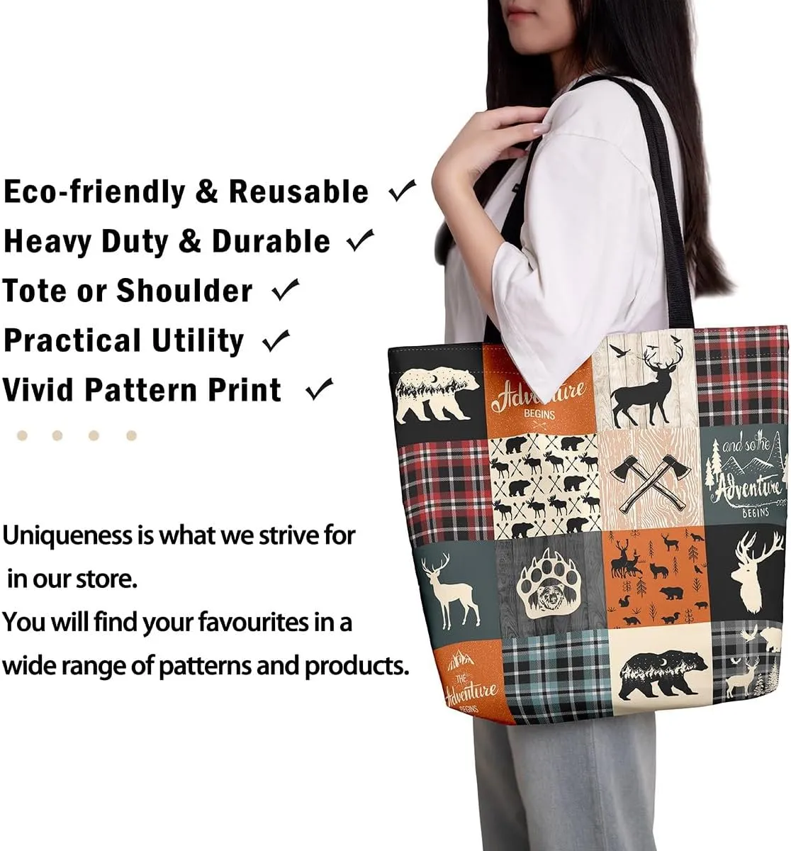Hunting Deer Canvas Tote Bag Farmhouse Rustic Tote Bag Wildlife Bear Shopping Grocery Bags