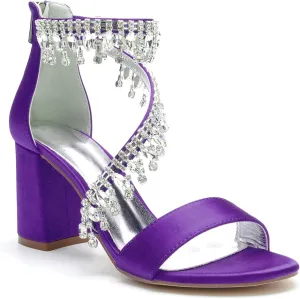 Hyinlays Women's Chunky Block Heels Crystal High Heel Pump Sandals Ankle Strap Wedding Shoes Prom Evening Pumps