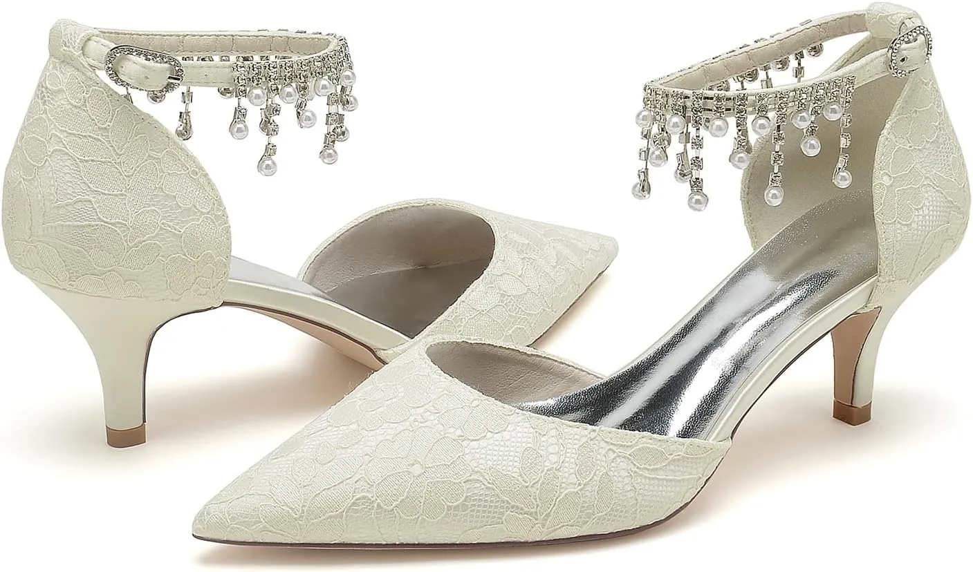 Hyinlays Women's Closed Toe Pumps Wedding Low Heel with Pearls Lace Ankle Strap Kitten Heels Pointed Toe Prom Evening Party Dress Shoes for Bride